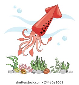 Figure squid. Insulated squid on a white background, sea bottom. Color illustration in the style of cartoon. Seafloor with algae, shells and corals