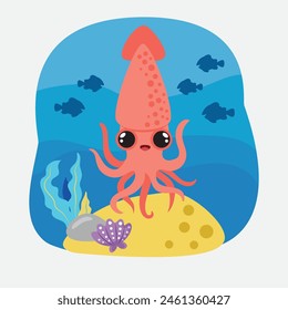 Figure squid. Insulated squid on a white background, sea bottom. Color illustration in the style of cartoon. Seafloor with algae, shells and corals