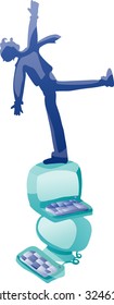 A figure standing on top of pile of computers and reaching up (Vector)
