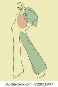 The figure of a standing woman in one line on a colored background. Minimalistic style. Vector illustration. For posters, packaging, fashion illustration