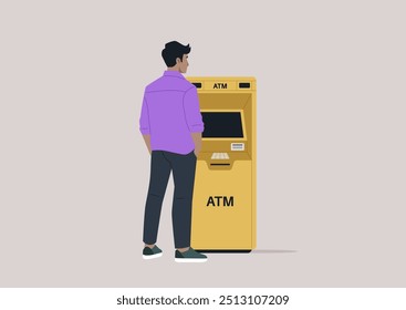 A figure stands before an ATM machine, engaged in a routine transaction, highlighting the essential role of technology in contemporary banking experiences
