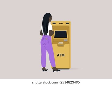 A figure stands before an ATM machine, engaged in a routine transaction, highlighting the essential role of technology in contemporary banking experiences