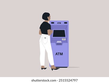 Eine Figur steht vor einem Geldautomaten, der an einer Routinetransaktion beteiligt ist und die wesentliche Rolle der Technologie in den modernen Bankerfahrungen hervorhebt