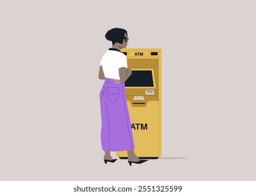 A figure stands before an ATM machine, engaged in a routine transaction, highlighting the essential role of technology in contemporary banking experiences