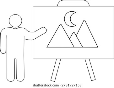 Figure stands beside an easel displaying a painting of mountains under a crescent moon