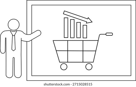 A figure stands by a chart of declining bars in a shopping cart with a downward arrow indicating loss