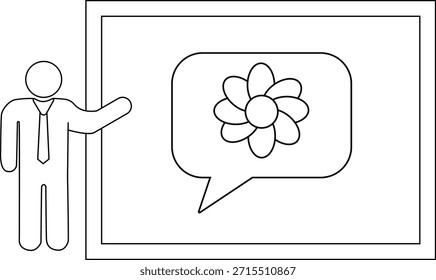 A figura está ao lado da tela mostrando uma flor em um balão de fala