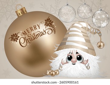 A figure in a striped hat standing next to a festive bauble with a Christmas message.