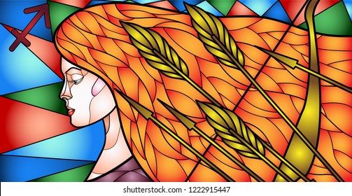 Figure in the style of Stained-glass window depicting a portrait of a beautiful girl with red hair, a series of pictures of the girl signs of the zodiac, this personifies the sign of the zodiac Sagitt