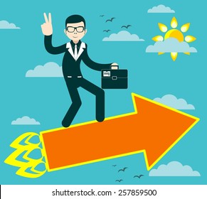 Figure of Successful businessman with victory sign flying on arrow Stock Vector illustration