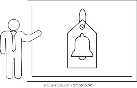 La figura en traje apunta a un objeto en forma de campana en el marco