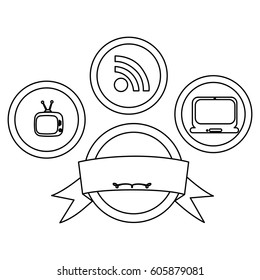 figure technology buttons apps with emblem and ribbon, vector illustration