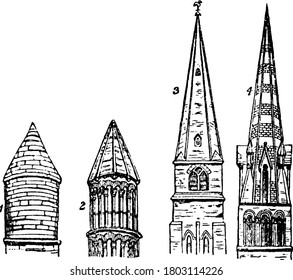 A figure that contains four different church, labelled as, 1, 2, 3 and 4, representing, Turret, St. Peter's Church, Oxford; Turret, Rochester Cathedral; St. Mary's Church, Cheltenham; Bayeux Church,