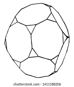 In the figure, the truncated dodecahedron. It has regular faces, triangular faces, vertices, edges, etc, vintage line drawing or engraving illustration.