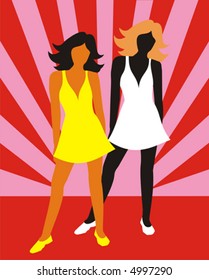 Figure of two dancing girls on a red background with pink strips
