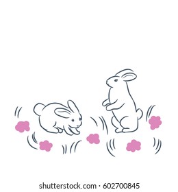 Figure of two white rabbits on a flower meadow. Square-shaped card template and banner. Copy space