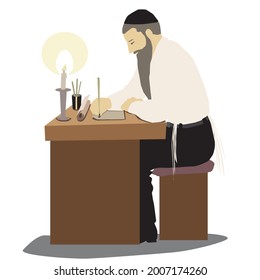 A figure of an ultra Orthodox Torah observant Jew, with a beard, kippah and tassel, sitting and writing a mezuzah. He holds in his hand a processed feather and next to it ink and a rolled parchment