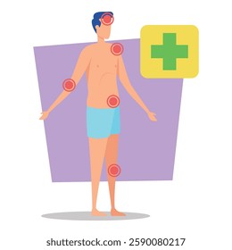 Figure with various pain points on body, highlighting areas of discomfort. Health symbol indicating focus on health and wellness concerns nearby