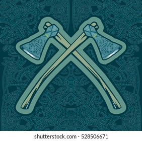 Figure Of The Vikings. Blue background with a hand drawn element of the Vikings. Seamless abstract pattern for printing on paper, fabric. Axes of the Vikings with the original pattern. Celtic knots.