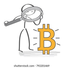 Figure watching Bitcoin virtual currency with magnifying glass