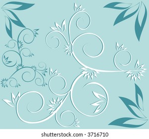 Figure in the white and azure tones, a representing pattern from stylized branches with foliage and flowers with curls on a blue background
