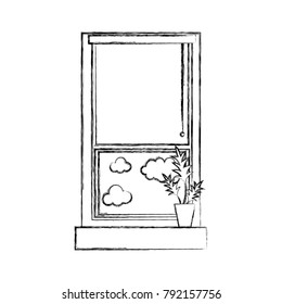 figure window with curtain blind open and plant