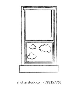 figure window with curtain blind open and clouds
