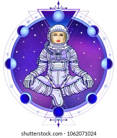Figure of a woman astronaut sitting in a Buddha pose. Meditation in space.Background - the night star sky, circle phase of the moon. Sacred geometry. Vector illustration.  Print, poster, t-shirt, card