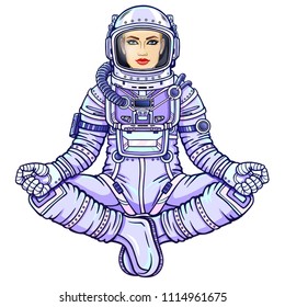 Figure of a woman astronaut sitting in a Buddha pose. Meditation in space. Color drawing.  Vector illustration isolated on a white background. Print, poster, t-shirt, card.