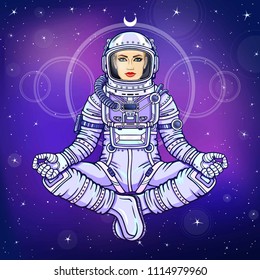 Figure of a woman astronaut sitting in a Buddha pose. Meditation in space. Color drawing. Background - the night star sky. Vector illustration.  Print, poster, t-shirt, card.