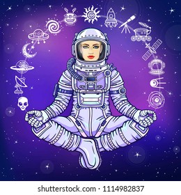 Figure of a woman astronaut sitting in a Buddha pose. Meditation in space. Set of icons.  Color drawing. Background - the night star sky. Vector illustration.  Print, poster, t-shirt, card.