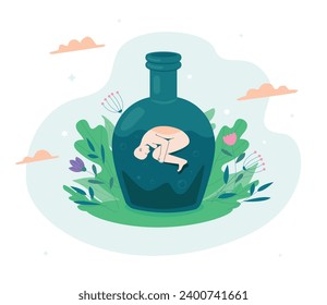 The figure of a woman in the fetal position, in a bottle of booze. A symbol of alcohol addiction, pain relief, withdrawal from reality, mental problems.