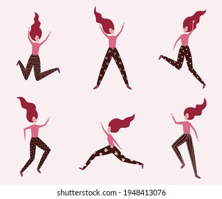 The figure of a woman in motion. Modern girl in various poses. Vector illustration.