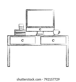 figure wood desk with computer screen and books