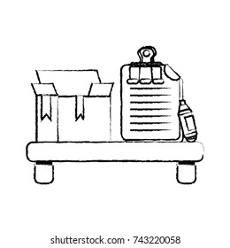 figure wood shelf with box and documents with clip and highlighter pen