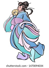 Figure of young beautiful Japanese geisha girl. Wearing traditional kimono. Holding the fan. Pastel rose, lilac, mint colors. Style of Ukiyo-e engraves. Vector stock illustration.