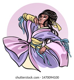 Figure of young beautiful Japanese geisha girl. Wearing traditional kimono, folds waving in the wind. Holding hand up. Pastel rose, lilac, yellow colors. Round background. Vector stock illustration.