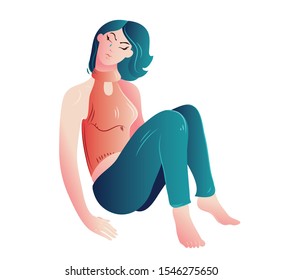 The figure of a young, beautiful, sad woman. Her eyes are closed, a tear runs down her cheek.
Painting turquoise and pink colors with gradients. Vector graphics . Isolated image on a white background.