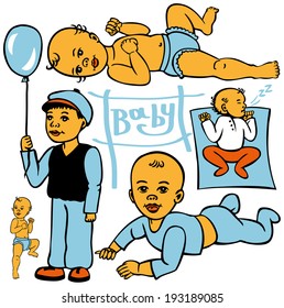 Figure young children at different stages of development on white background.