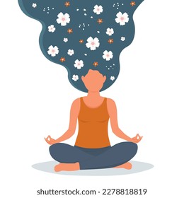 The figure of a young girl sitting in a lotus position with long hair in flowers. The woman is meditating. Vector graphics.