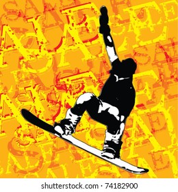 figure of a young man snowboarding with drops on a colorful "sale" background. Vector illustration.