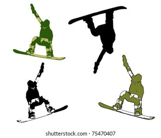 figure of a young man snowboarding with drops. Vector illustration.