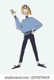 Figure of a young woman waving. line illustrations, Flat style, isolated vector element, hand lettering