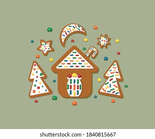 Figured cookies with sugar icing. Festive, New Year and Christmas image. Multi-colored image. There is room for text. Design element. Vector illustration.