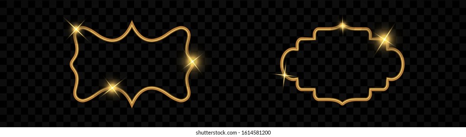Figured Frame. Curly Golden Shape With Beautiful Pattern On Dark Transparent Background. Template For Printing Invitations And Postcards, For Design, Forgings, Furniture, Textile. Vector Illustration.