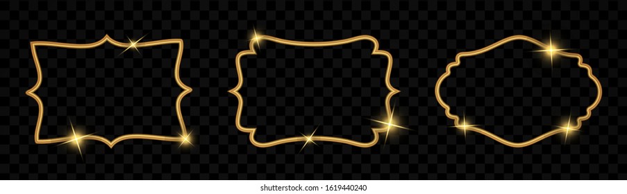 Figured frame. Curly golden shape with beautiful patterns on red background. Template for design, textile, furniture, engraving, forgings, for printing postcards and invitations. Vector illustration.