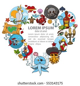 Figured frame on a pirate theme. Hilarious characters in cartoon style for design of children's games and a variety of goods.