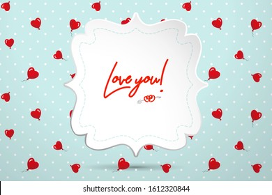 Figured frame for wedding invitations or Valentine's Day greetings over polka dot background with red balloons. Realistic template for design