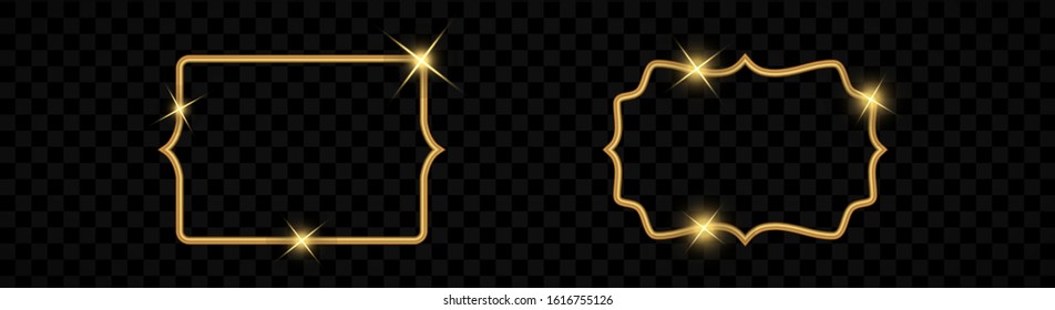 Figured Frames. Golden Shapes With Beautiful Pattern On Dark Transparent Background. Template For Printing Invitations And Postcards, For Design, Forgings, Furniture, Textile. Vector Illustrations Kit