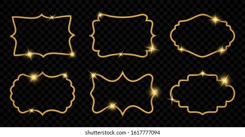 Figured Frames. Golden Shapes With Beautiful Pattern On Dark Transparent Background. Template For Printing Invitations And Postcards, For Design, Forgings, Furniture, Textile. Vector Illustrations Kit